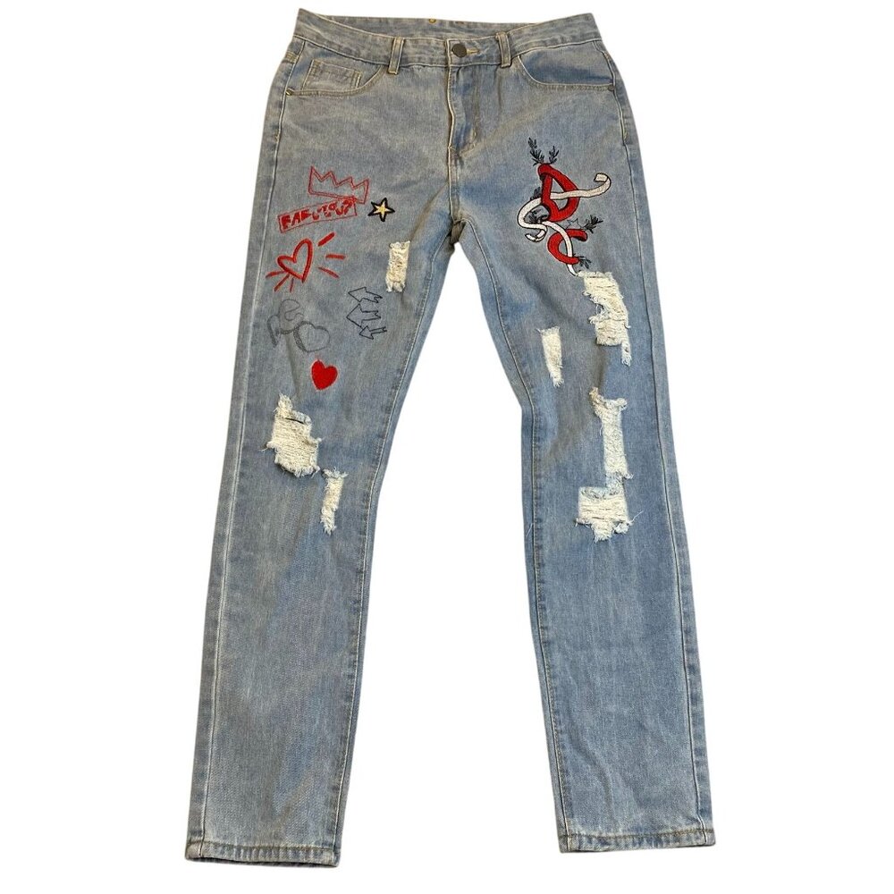 GB Design Woman's Jeans 32 With Embroidered Graphic Patches & Ripped Details